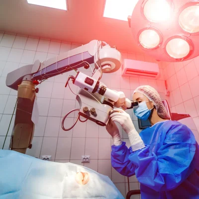 Surgeon with operating system of laser vision correction in the operating room.